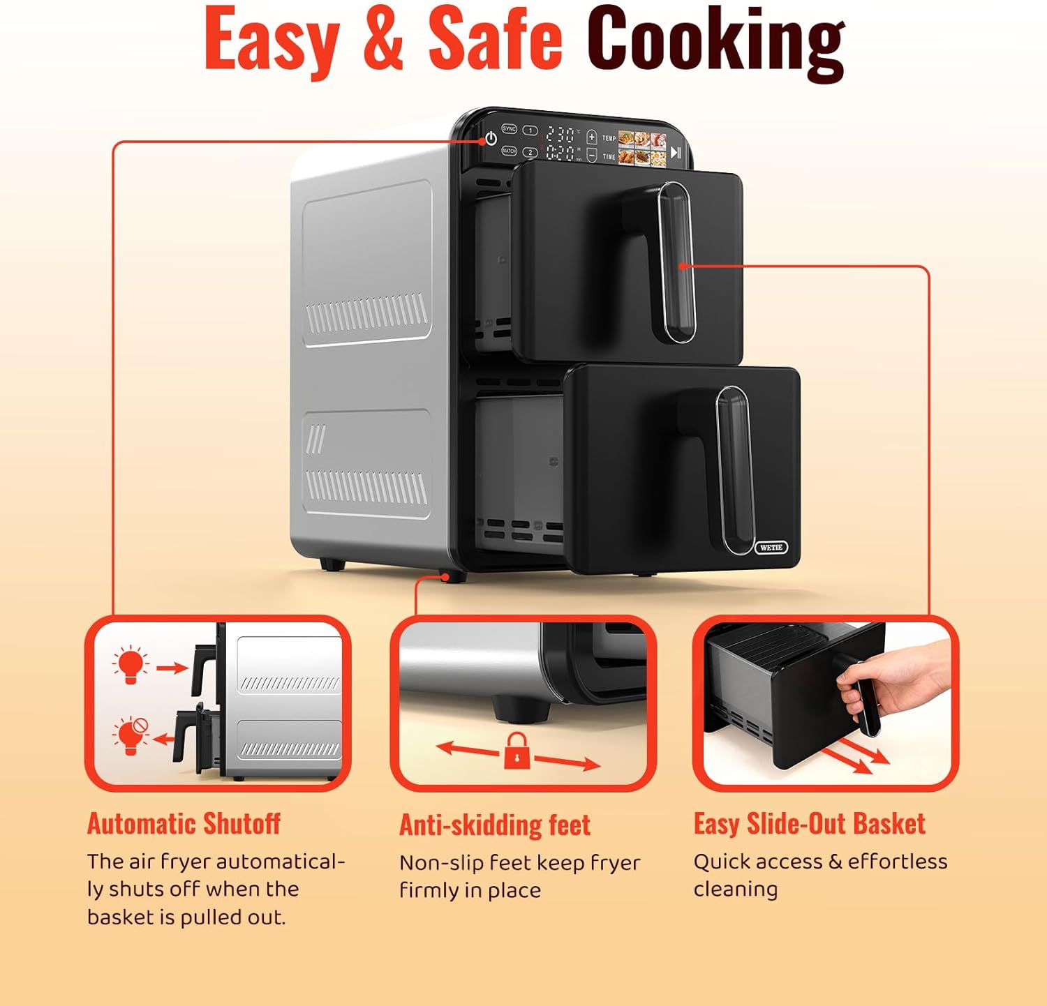 11.6QT Dual Basket Air Fryer Oven, Vertical 2-Basket Design, 6-in-1 Presets Function with Digital Touchscreen, Sync & Match, Easy to Clean, Dishwasher Safe, Family Meals