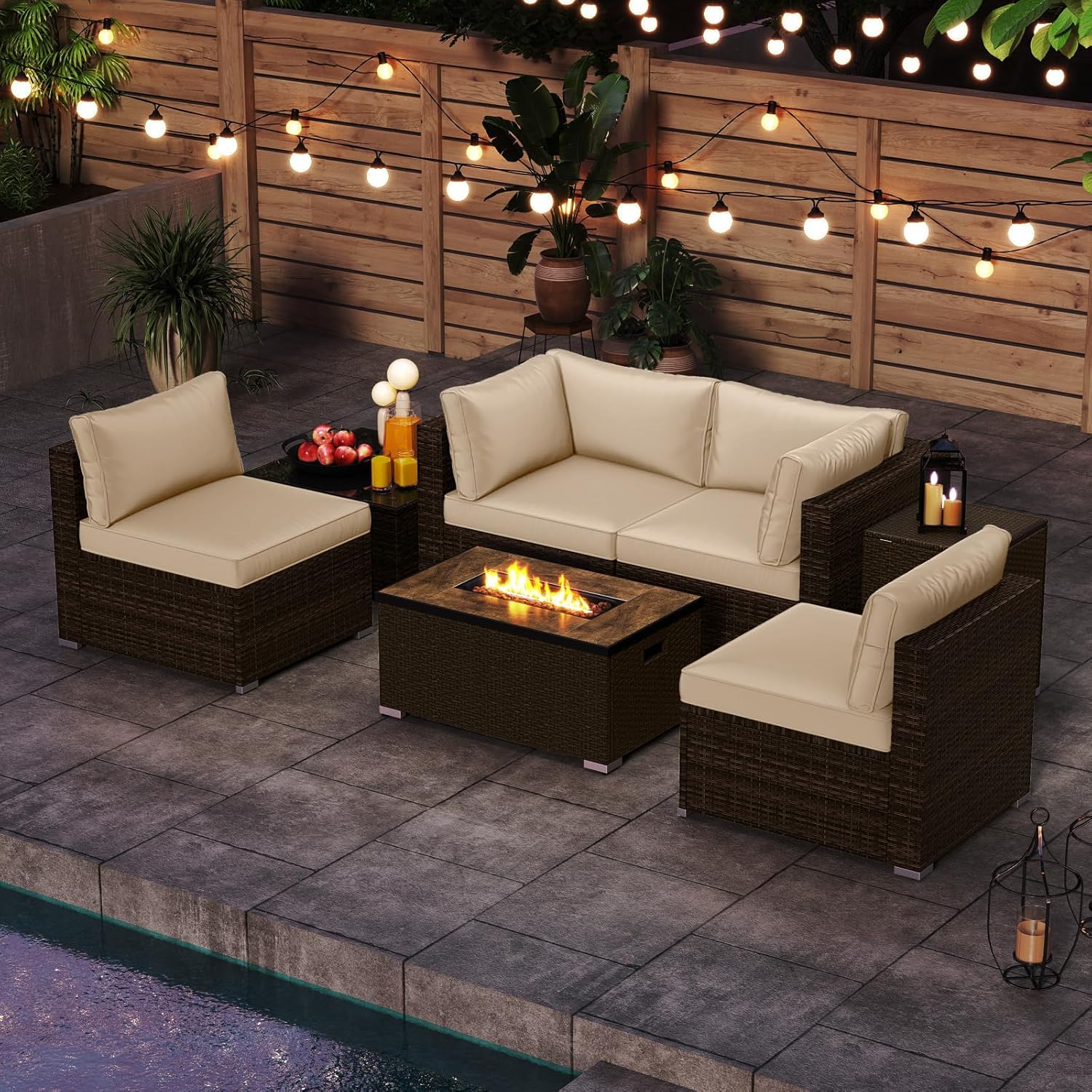 Tangkula 7 Pieces Outdoor Sectional Sofa Set Set with 32” Fire Pit Table and Propane Tank Cover, for Deck, Garden and Backyard, Fire Pit Protective Cover Included (Off White)