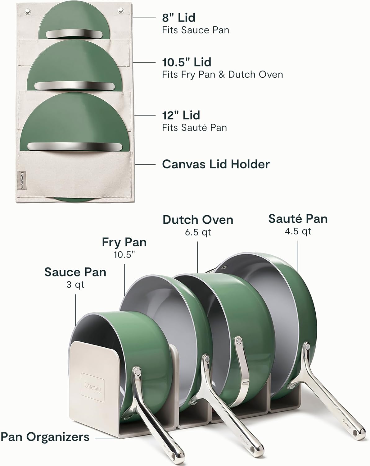 Caraway Non-stick Ceramic Cookware Set (12 Piece) Pots, Pans, Lids and Kitchen Storage - PFAS & PFOA Free - Oven Safe Pan Set & Compatible with All Stovetops - Sage