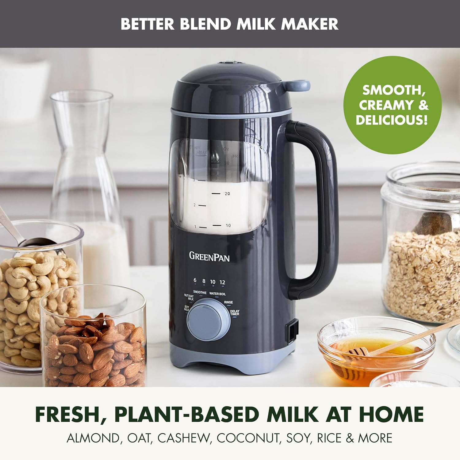 GreenPan Nut Milk Maker, 15-in-1 Homemade Soy, Almond, Oat, Coconut, Non-Dairy, Rice, Soup, Baby Food, BPA-Free, Smooth Creamy Texture, Self Clean, Barista Quality Milk, Delay Start, Boil Water, Gray