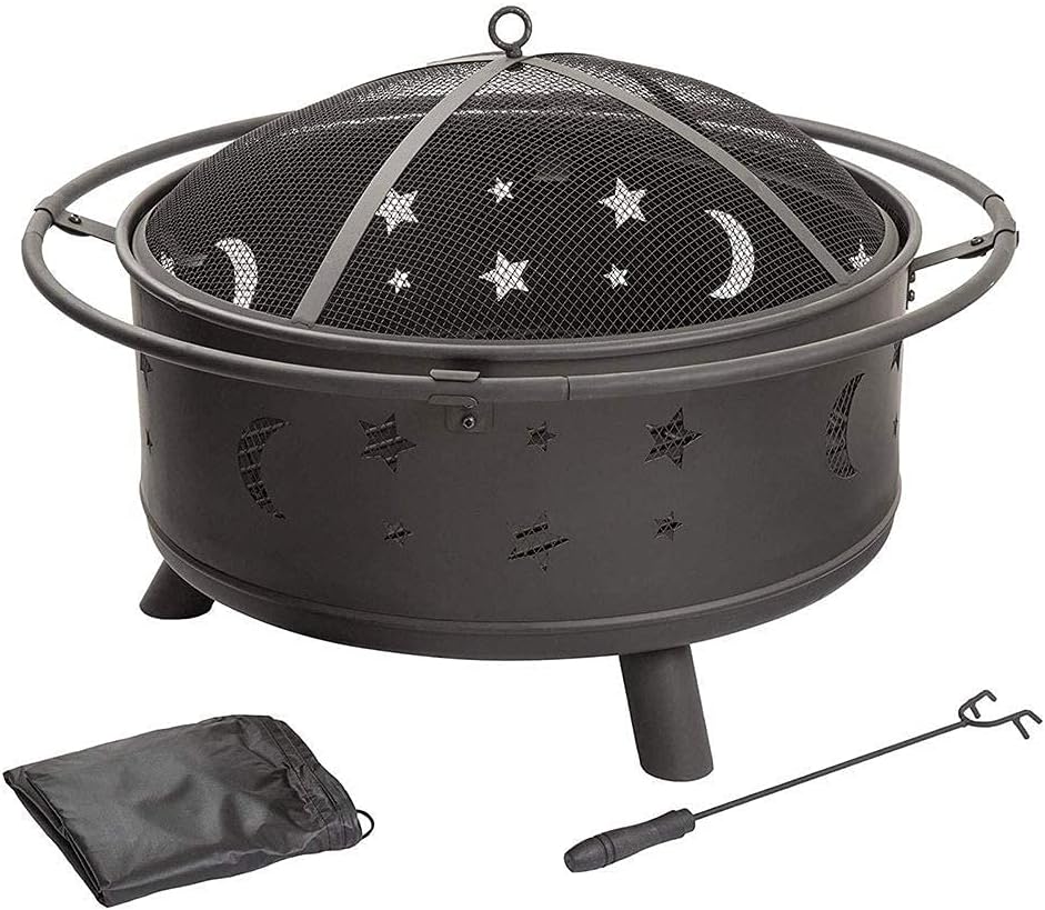 Small firepit, Fire Pit with BBQ Grill Shelf, Outdoor Metal Brazier Star Moon Shape Garden Patio Heater Camping Bowl BBQ with Grill, Mesh Lid, Grate, Grid