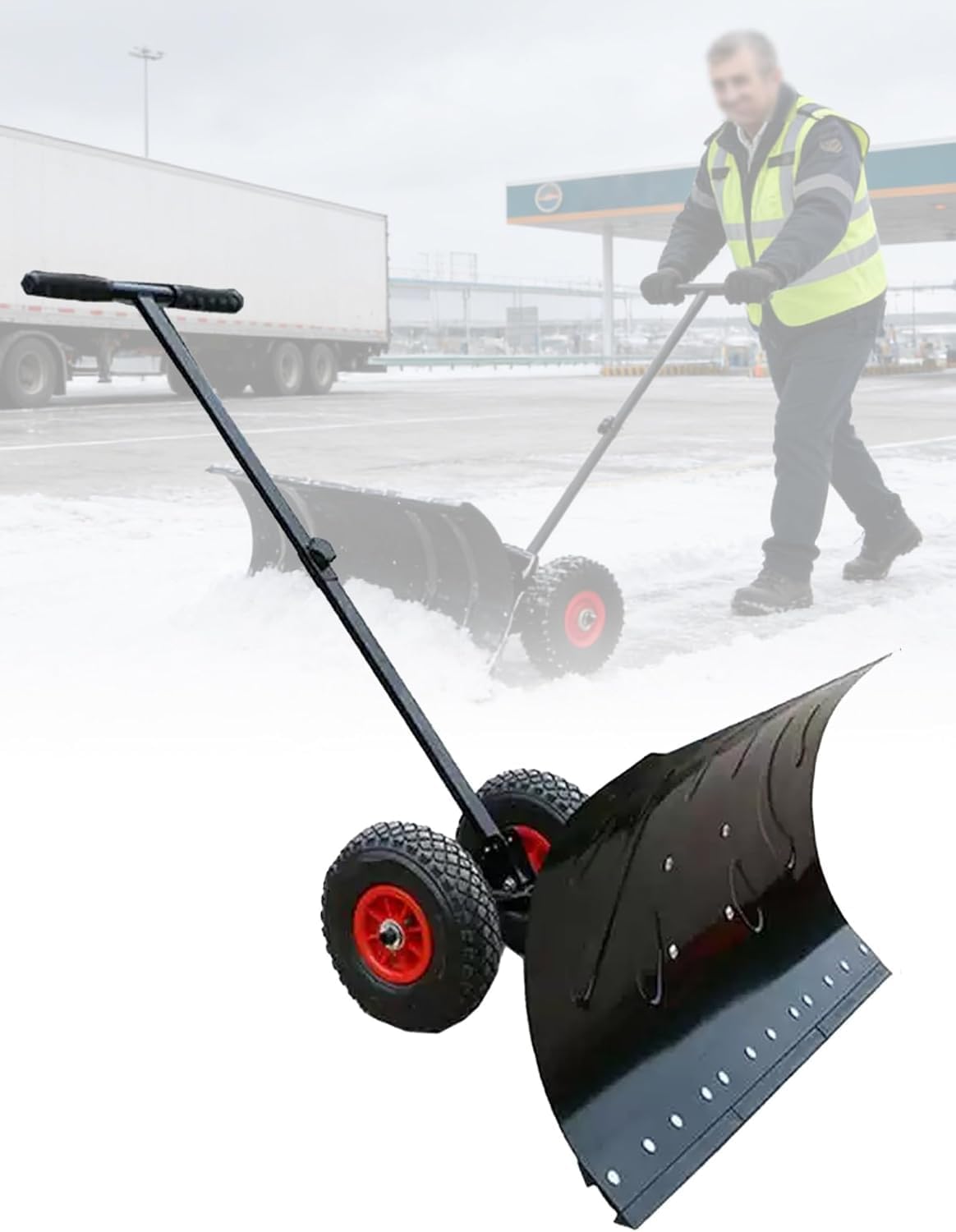 Rolling Snow Pusher, Heavy Duty Snow Shovel with Adjustable Height Handle and Directional Blade for Driveways(75x43cm/29x17in)