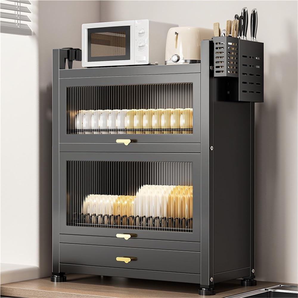 Kitchen Countertop Dish Cabinet with Drawers, Countertop Pantry with Drain Trays and Doors, Multifunctional Microwave Oven Rack, Space-Saving Dish Organizer for Dining room(White,17.7''x11.4''x28'')