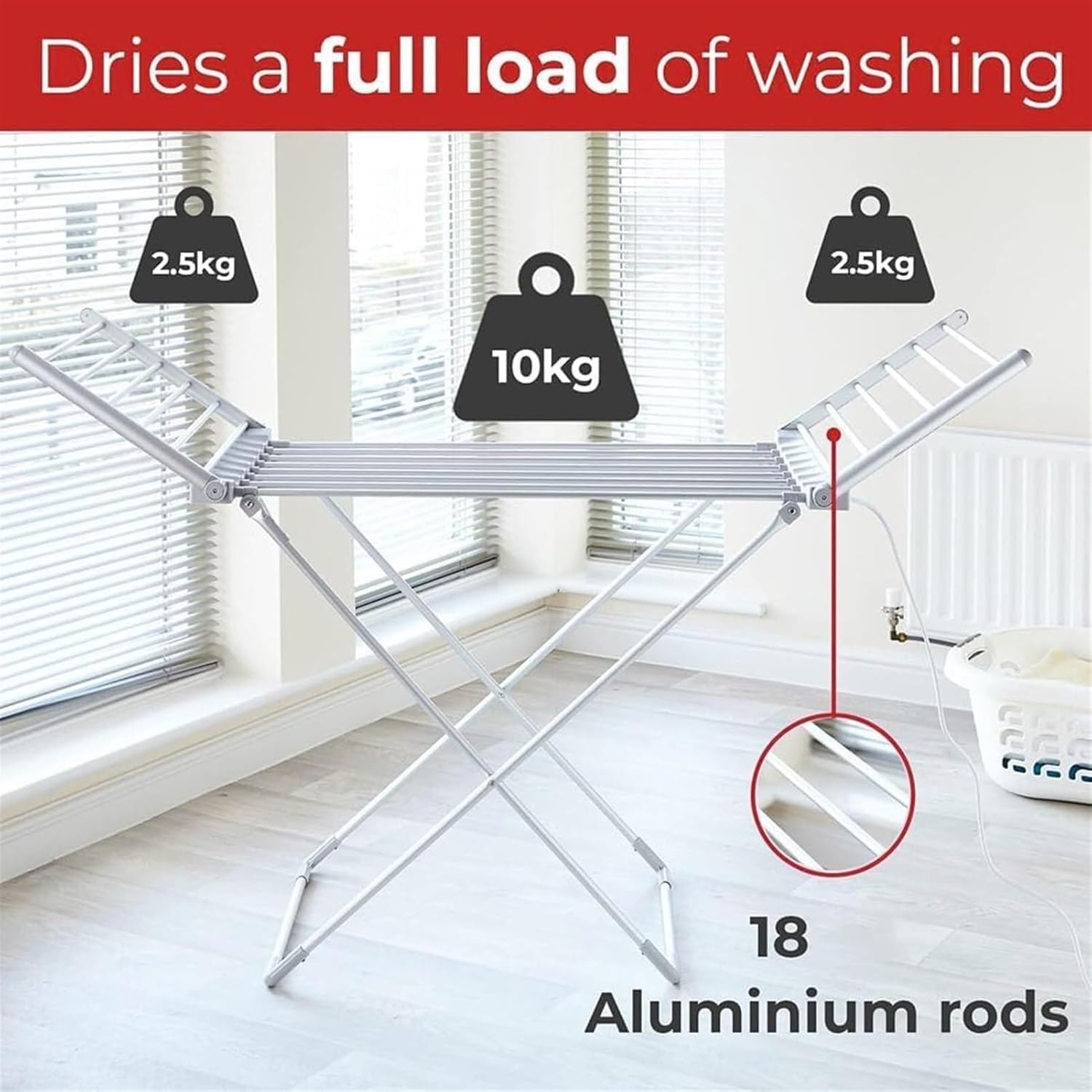 Foldable Clothes Airer, Laundry Drying Rack with 2 Side Wings, Folding Clothes Dryer Airer, 15kg Load Bearing, Standing Heating Clothes Horse