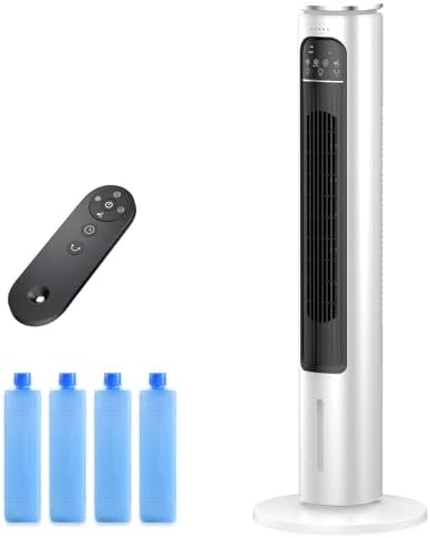 Windowless Portable Air Conditioner Ac Unit with Remote,37” Evaporative Air Cooler,Swamp Cooler for 4 Modes, 12H Timer, Removable Water Tank,Ice Packs,CoolingTower Fan for Bedroom,Outdoor,Indoor White