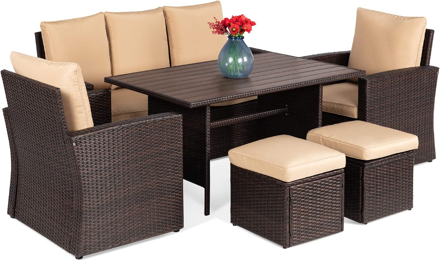 Best Choice Products 7-Seater Conversational Wicker Sofa Dining Table, Outdoor Patio Furniture Set w/Modular 6 Pieces, Cushions, Protective Cover Included - Brown/Beige