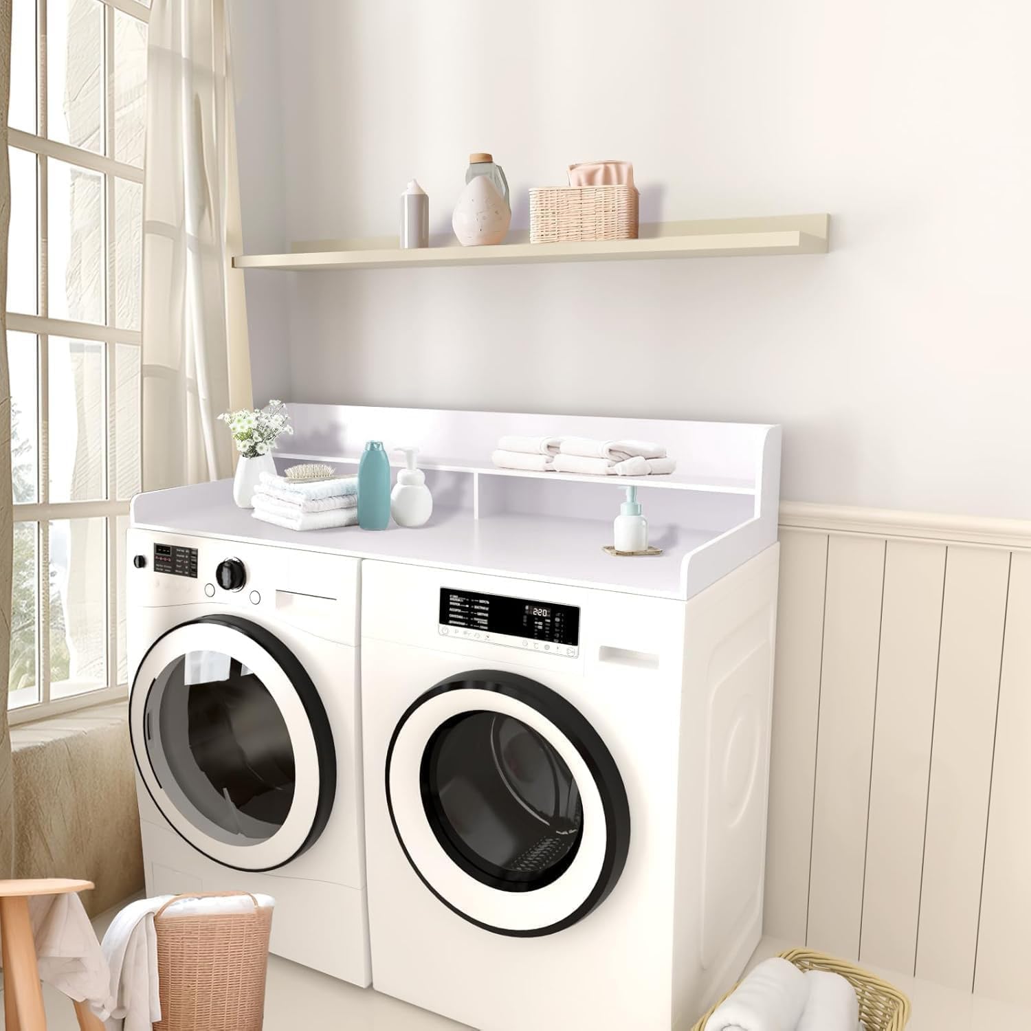 2-Tier Washer and Dryer Countertop Shelf, White Laundry Topper with Non-Slip Pads, Laundry Room Storage & Organization for Small Apartment Kitchen