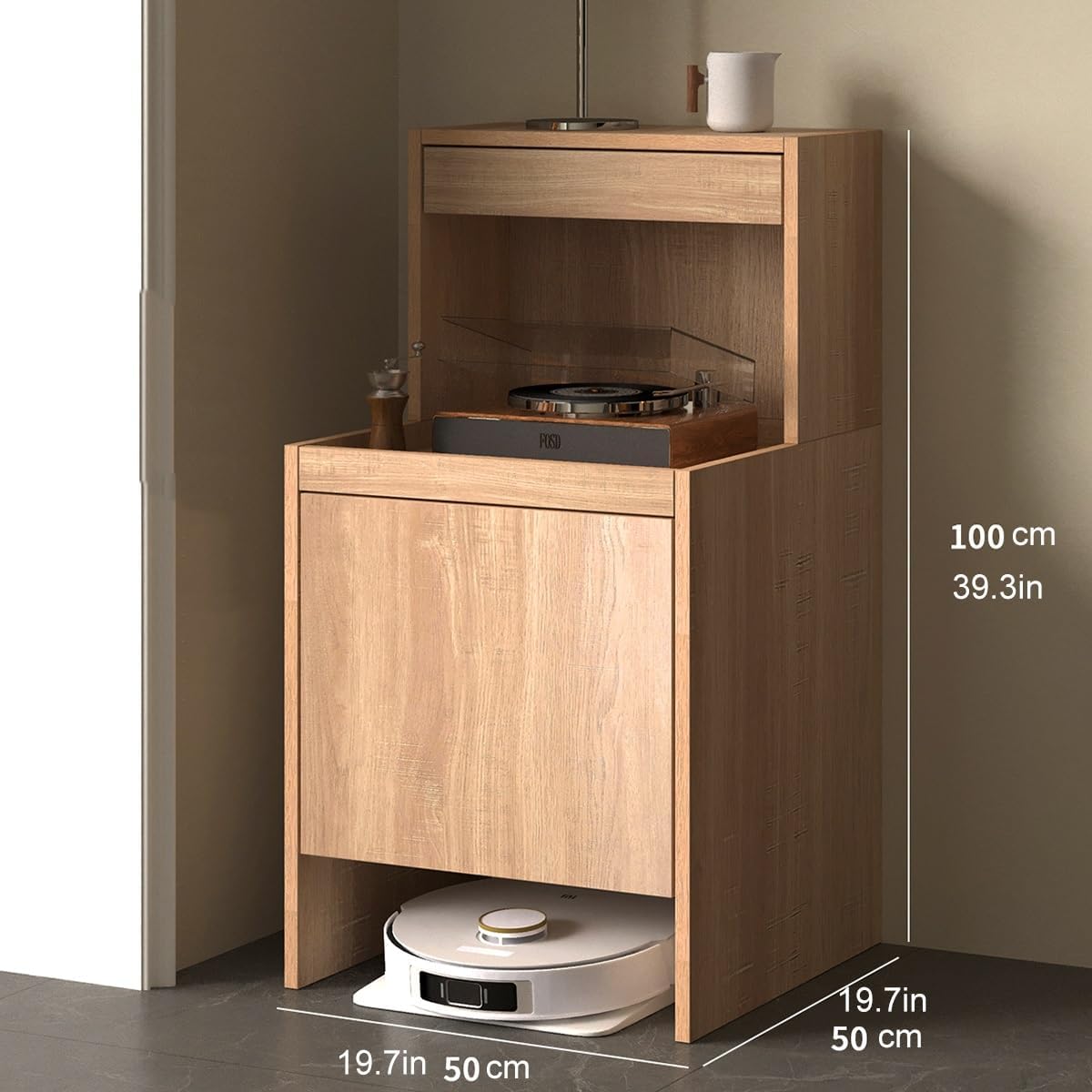 Robot Vacuum Stand Cabinet,Storage Cabinet with Doors and Drawers for Robot Vacuum Cleaner,Wood Bathroom Cabinet,Side Table for Living Room, Home Office(Dark Brown,H100cm/39.3in)