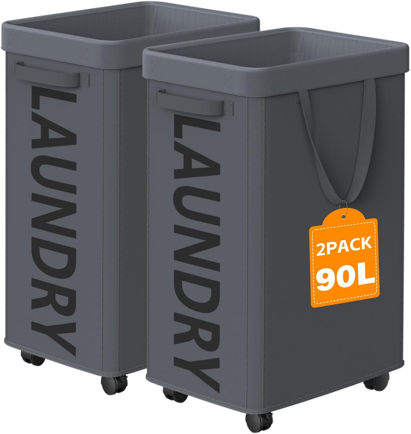 2 Pack Laundry Basket with Wheels, 90L Rolling Laundry Hamper with Wheels, Large Clothes Hamper on Wheel with Removable Mesh Bag for Bedroom, Dorm