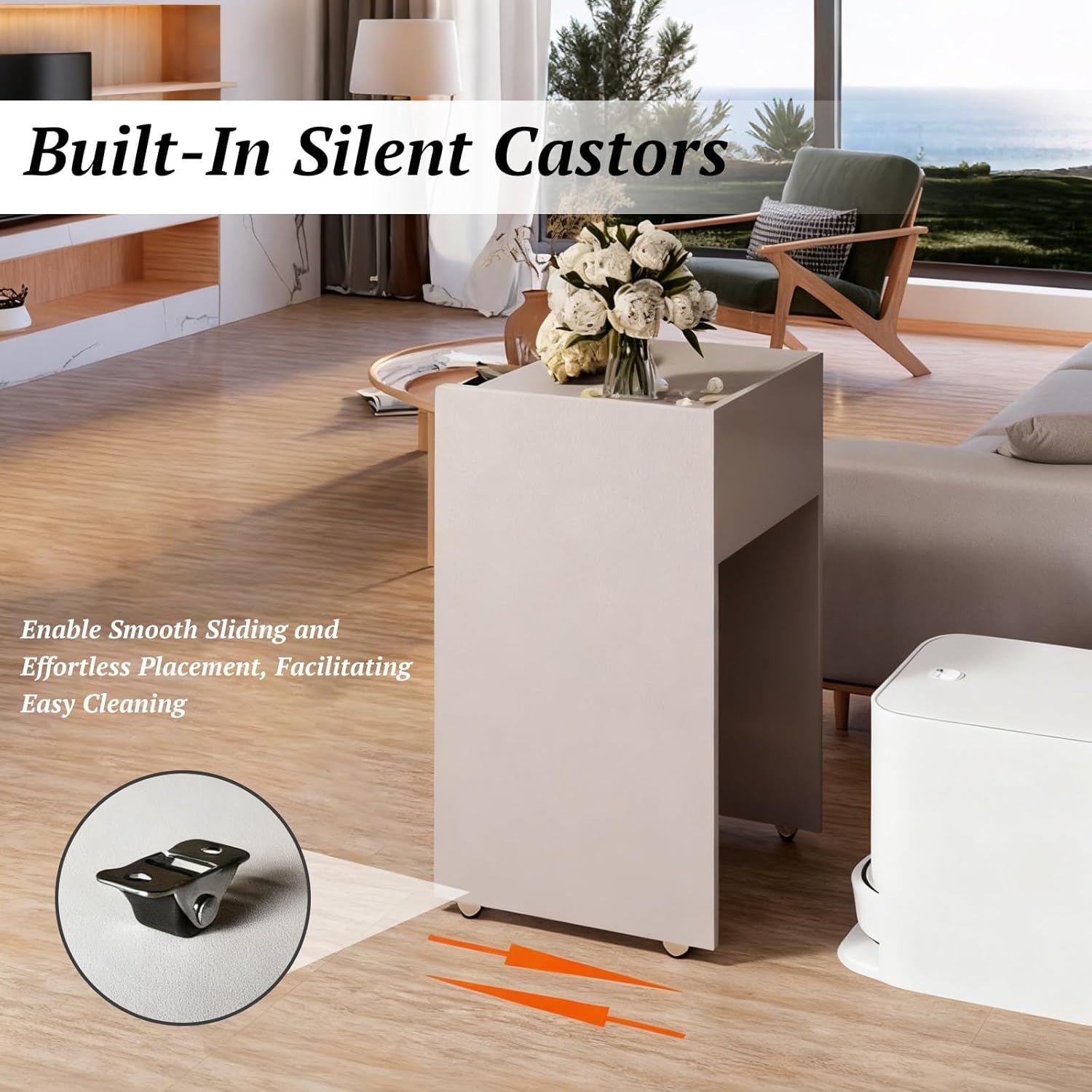 Mobile Sweeper Robot Storage Cabinet Shelf Narrow Corner Hidden Robot Vacuum Stand Storage Cabinet with Wheels Wood Freestanding Rack Space Saver for Home Office(Natural)