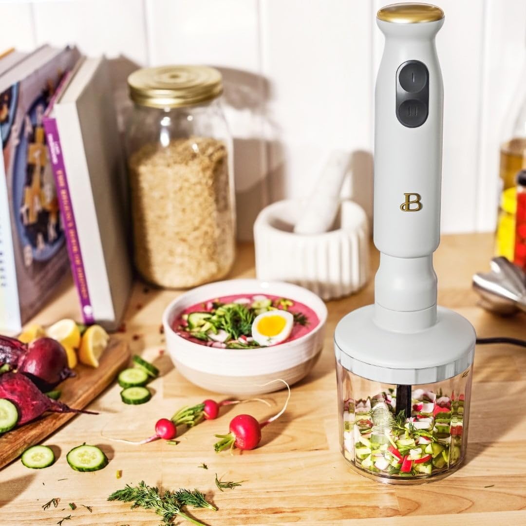 Beautiful 2-Speed Immersion Blender with Chopper & Measuring Cup, White Icing by Drew Barrymore