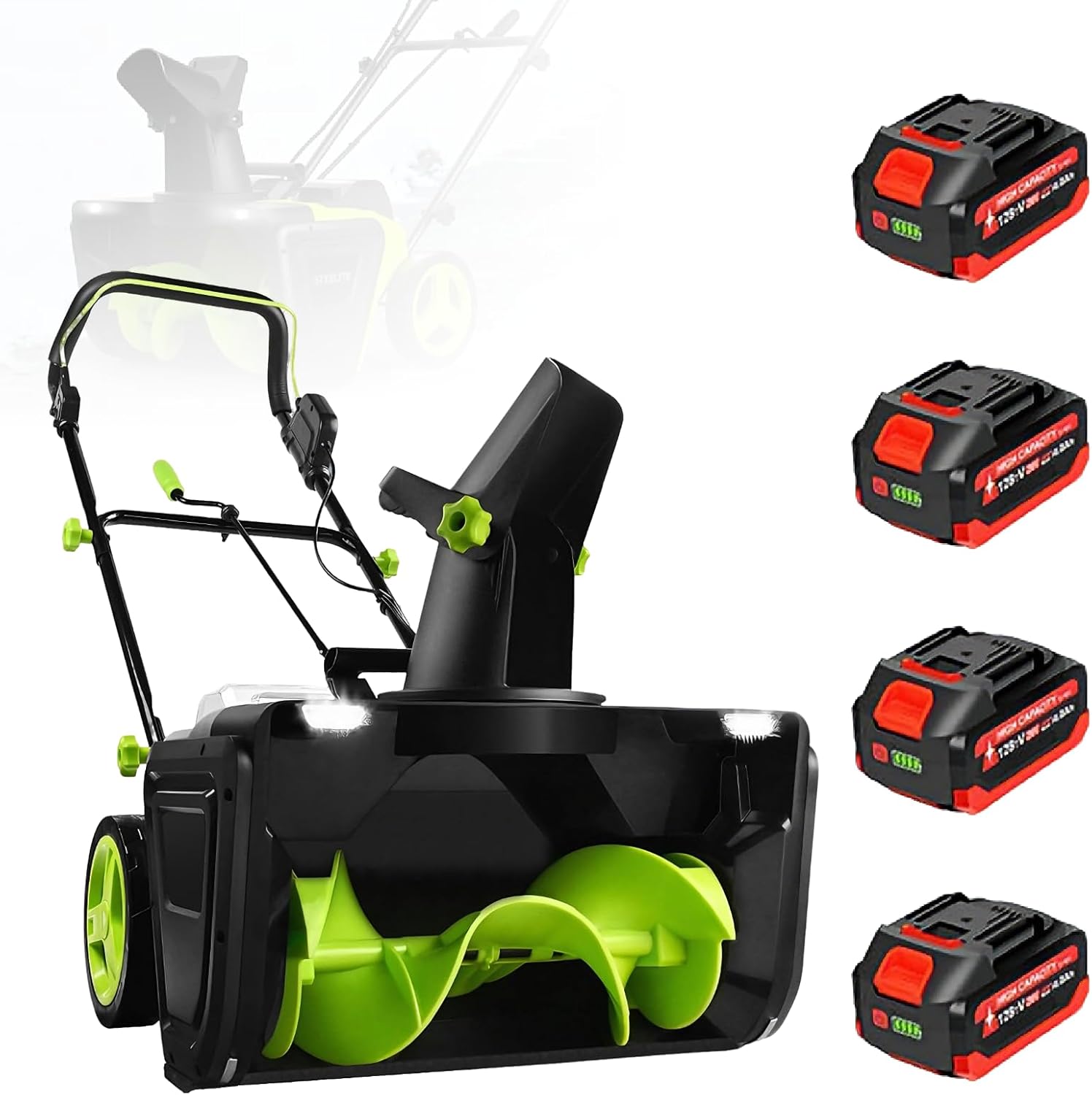 Cordless Snow Blower kit, 20-inch, Nylon Auger, LED Light, 3500W brushless Motor, 25-Foot Snow Throwing Distance, 650 lbs Snow Shoveling Speed per Minute. 4batteries