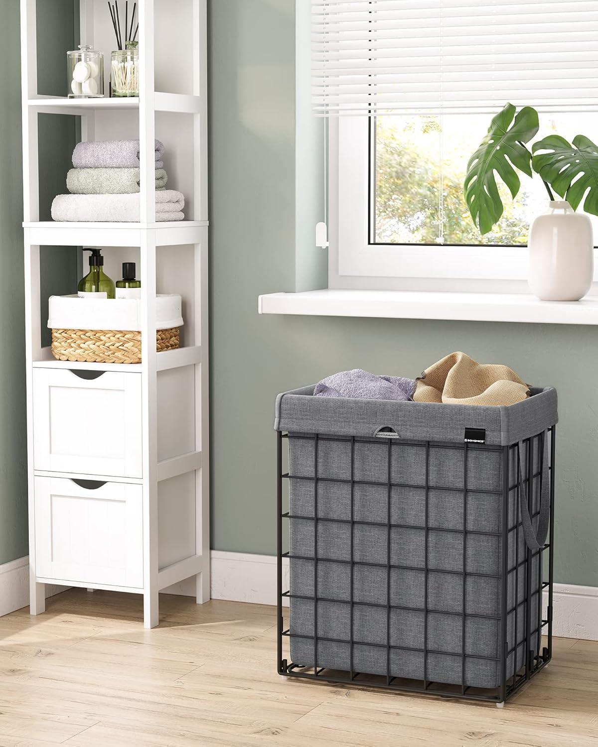 SONGMICS Laundry Hamper, 23.8 Gal. (90L) Laundry Basket, Collapsible Clothes Hamper, Removable and Washable Liner, Metal Wire Frame, for Bedroom Bathroom, Black and Gray ULCB190G01