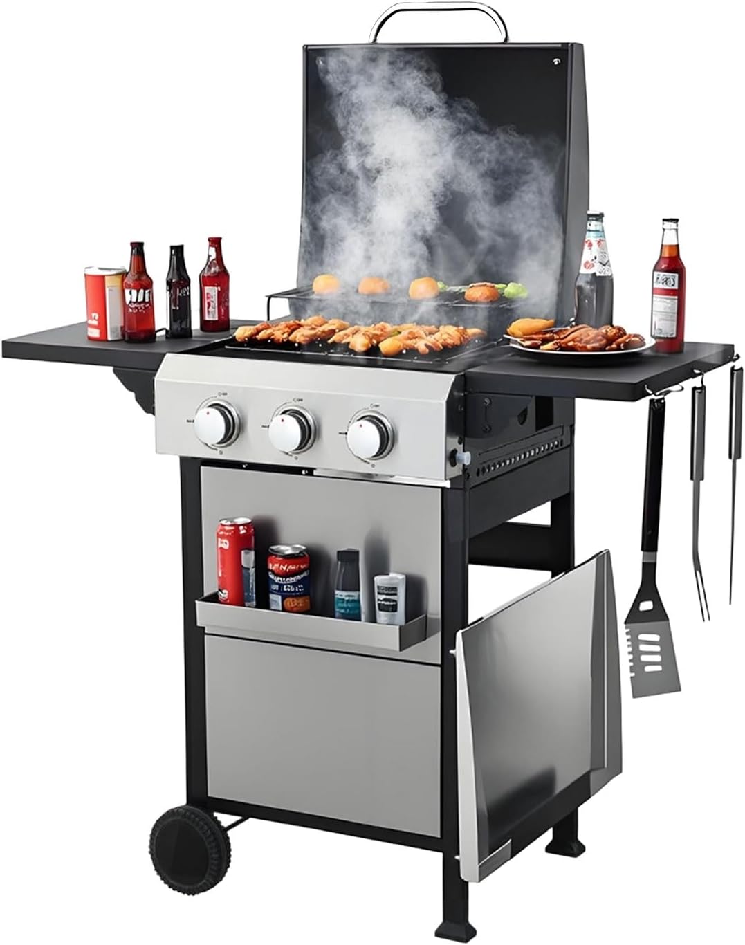 3 Burner 2-in-1 Propane Gas Grill Combo with Enamel Cast Iron Grill Grids and Stainless Steel Plancha Plate, Portable Outdoor BBQ Grill for Decks, Patios, Gardens, with Folding Side Table, 36900 BTU