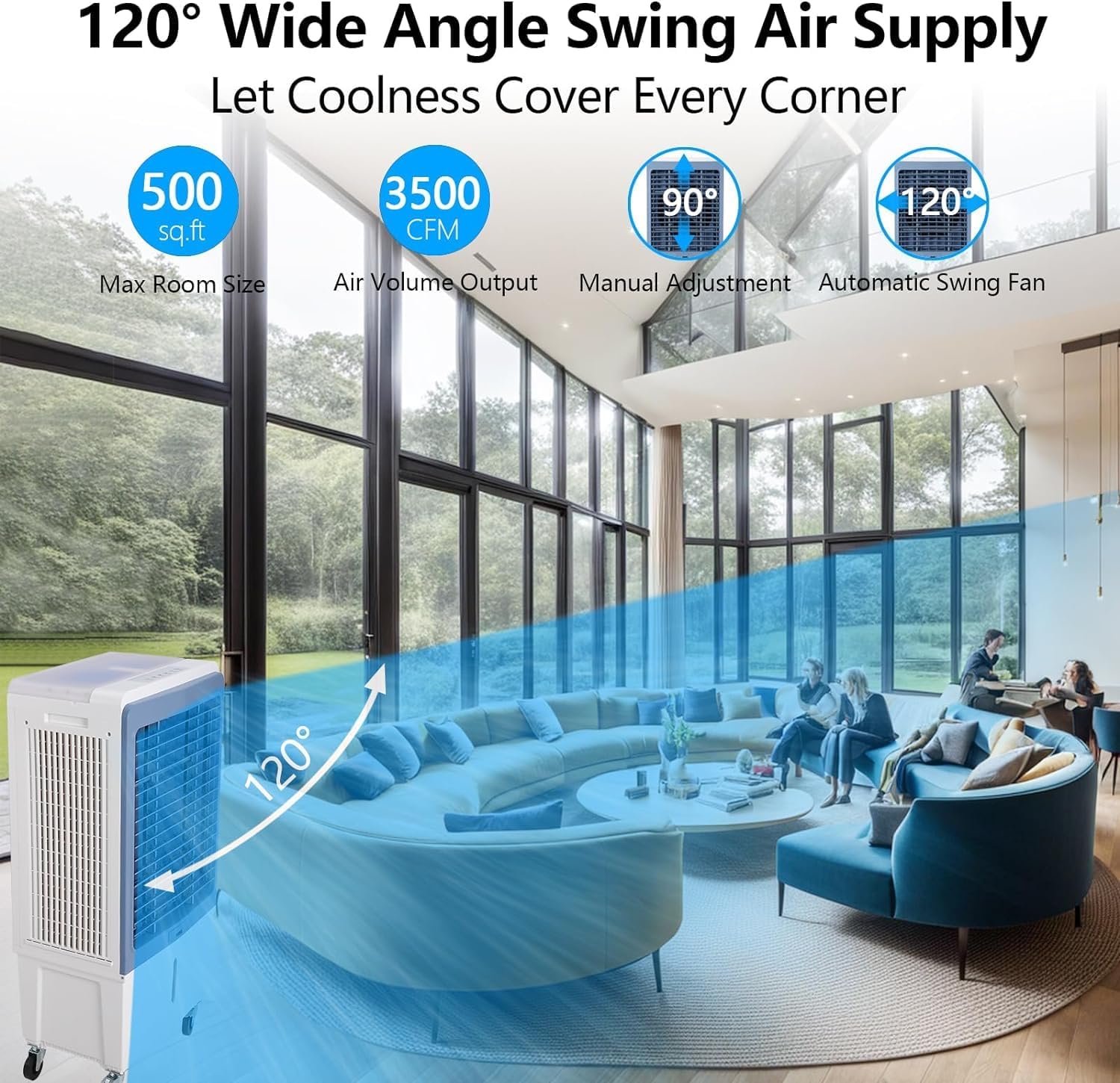 Evaporative Air Cooler, 4100CFM Swamp Cooler Air Conditioner with 4 Ice Packs & Remote Control, 3 Modes & Wind Speeds, 12H Timer, 8.4 Gallon Water Tank, for Outdoor, Indoor, Garage (13.2 Gallon)