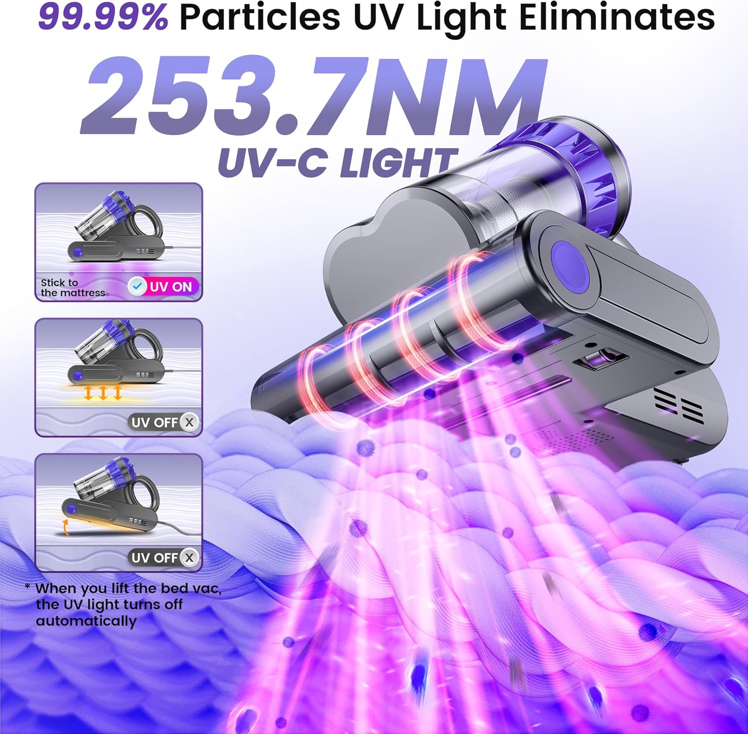 Mattress Vacuum Cleaner, Handheld Bed Vacuum Cleaner with 16Kpa Suction, 253.7nm UV-C Light & 149℉ Hot Air, 550W Double-Cup Handheld Vacuums for Bed, Sofa, Couch, Crib, Corded