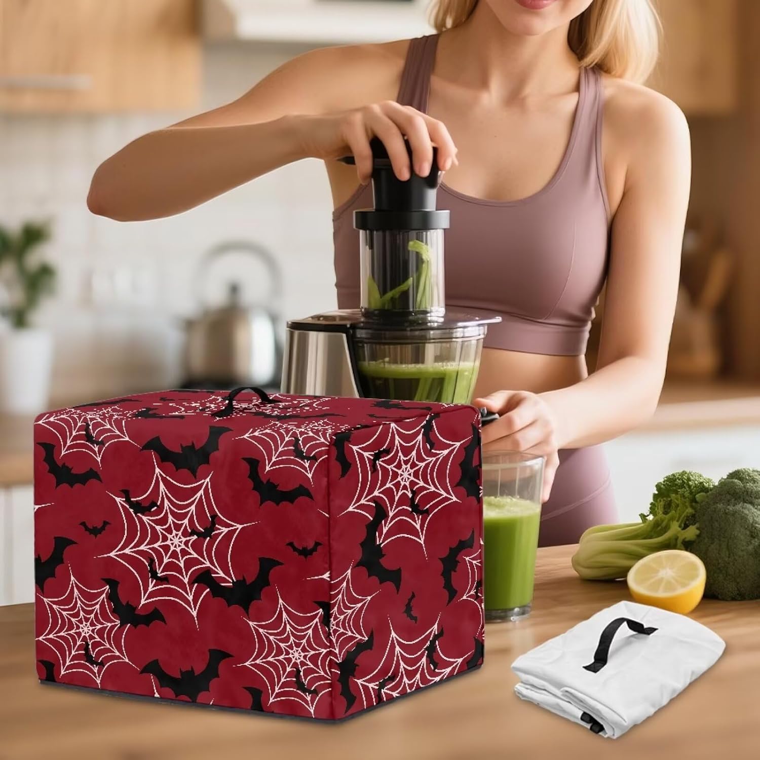 Bat Spider Web Blender Cover with Floral Prints – Juicer Dust Cover for Kitchen, Fits Most Small Appliances, Easy to Store & Wash, Stylish Home Decor