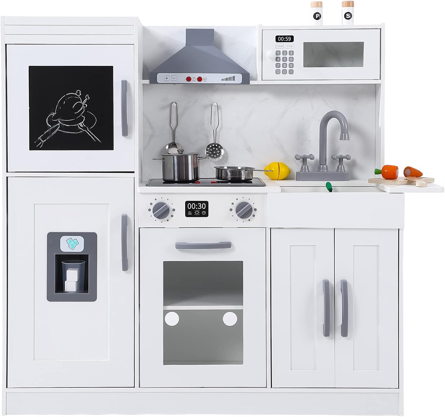 Garvee Wooden Play Kitchen Set, Pretend Play Kitchen with Cookware Accessories, Microwave, Oven, Sink, Real Lights & Sounds for 3+ Chef Pretend Play, White