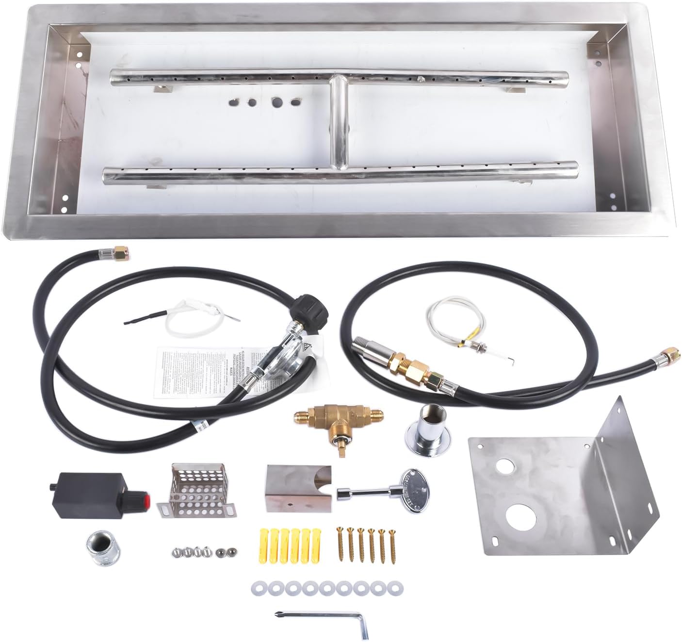 24 x 8 Inch Rectangular Stainless Steel Fire Pit Pan – 120,000 BTU Drop-in Propane Gas Fire Pit Burner Kit with H-Burner – Indoor/Outdoor Use, Weather-Resistant, Heavy Duty for Patio, Deck, Backyard