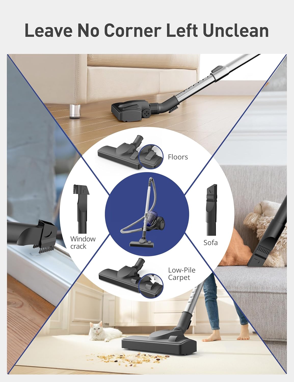 Aspiron Canister Vacuum Cleaner, 1500W/28KPA Bagless Vacuum Cleaner, Anti-Allergen HEPA Filter, 2.5QT Dust Cup, 2-in-1 Crevice Tool, Low Noise, Corded Vacuum for Hard Floors,Crack,Tiles