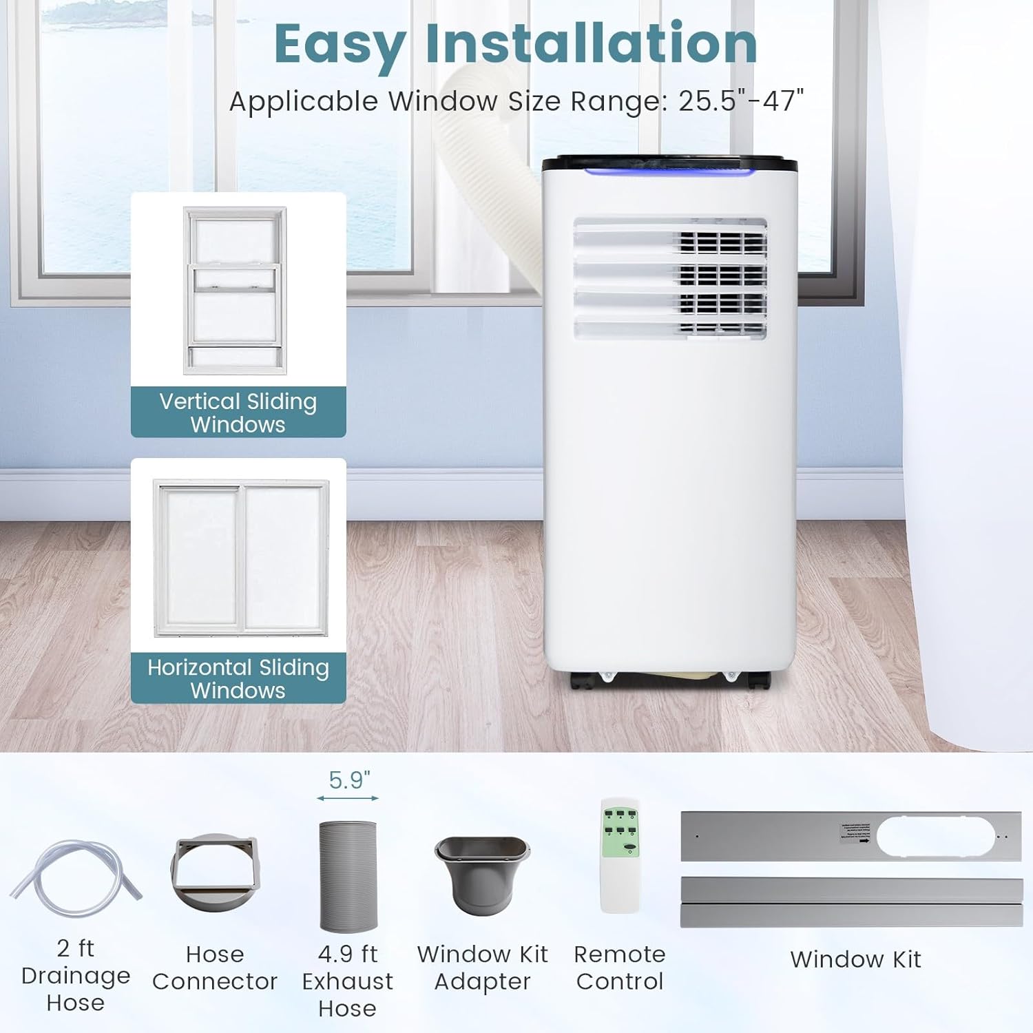 KOTEK Portable Air Conditioner for Room up to 350 Sq. Ft, 10000 BTU 3-in-1 AC Unit for Bedroom with Dehumidifier/Fan/Cool/Sleep Mode, 24H Timer/Window Kit/Remote, Portable AC for Home Office(10000BTU)