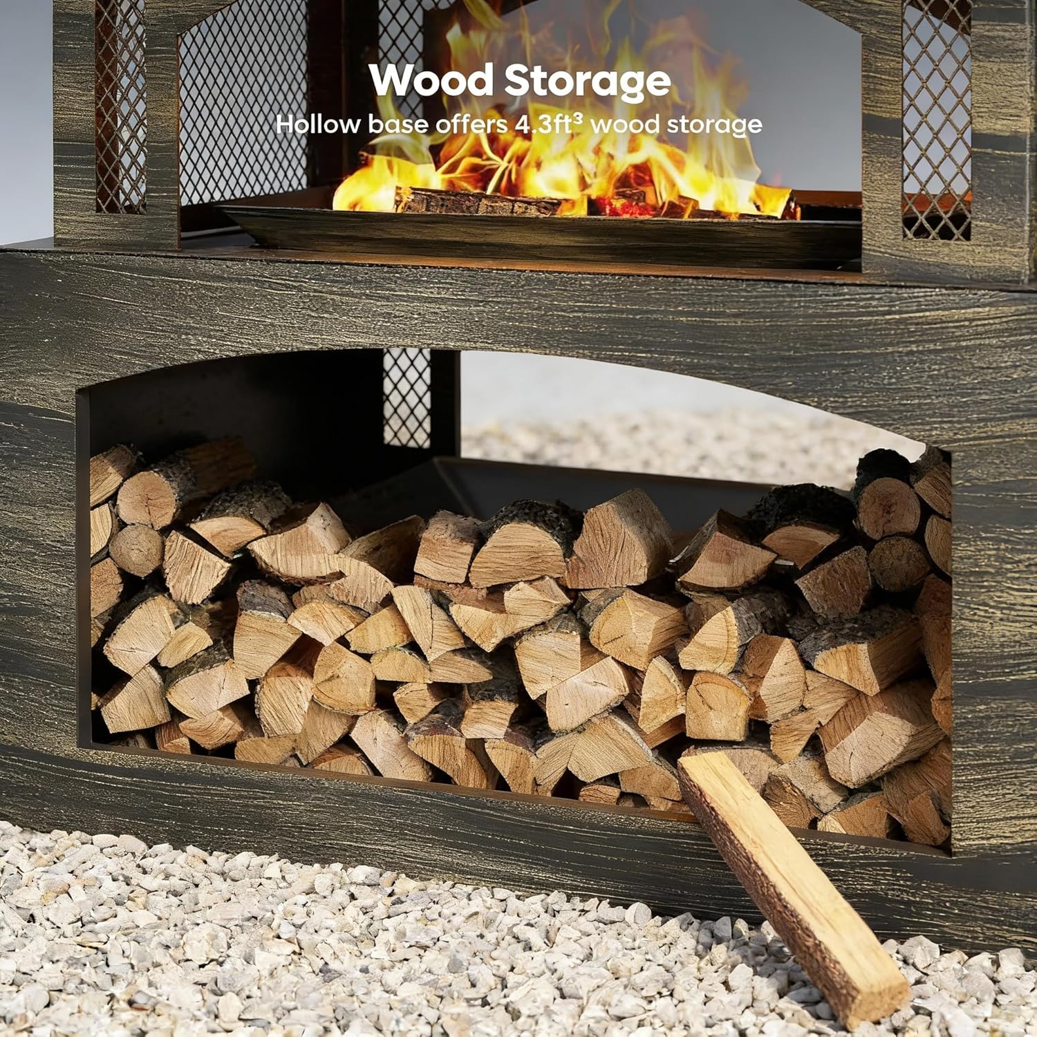 37 Inch Outdoor Fireplace, Wood Burning Fire Pit for Patio with Built-in Log Storage, Steel Rectangular Fire Table with Poker for Camping, Garden, Backyard, Antique Brass