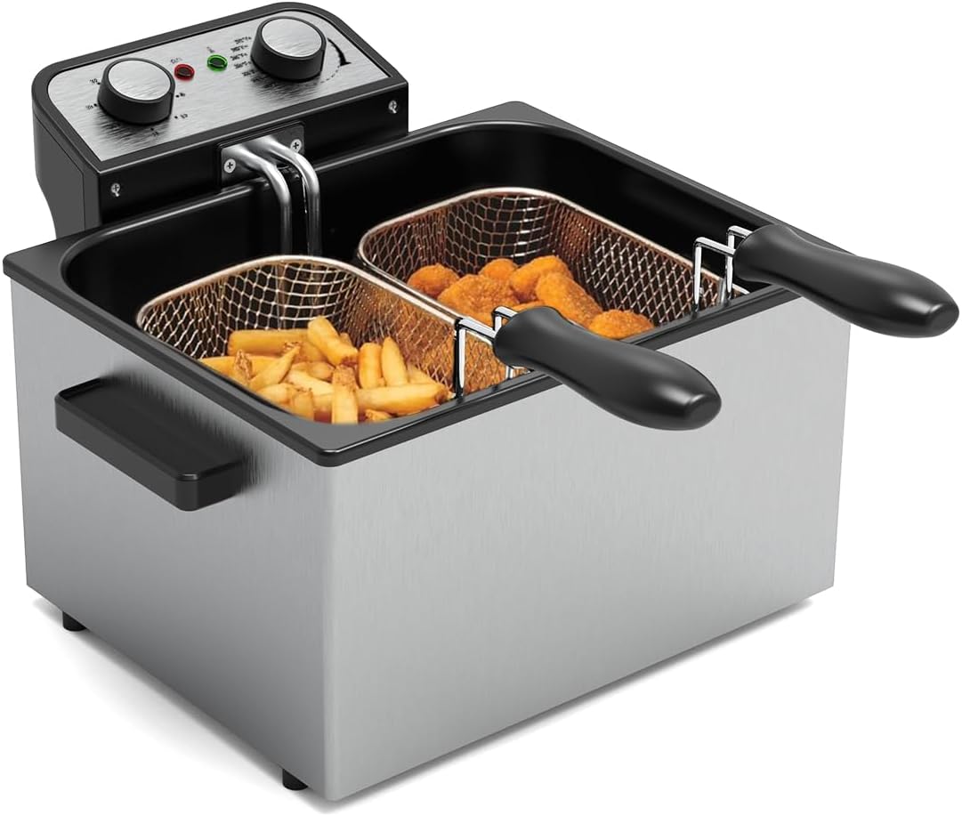 1750W Electric Deep Fryer with Basket,5L /21 Cups Stainless Steel Electric Oil Fryer with 3 Frying Baskets, Adjustable Temperature,View Window Lid,Countertop Stainless Steel Body Deep Fryer Pot