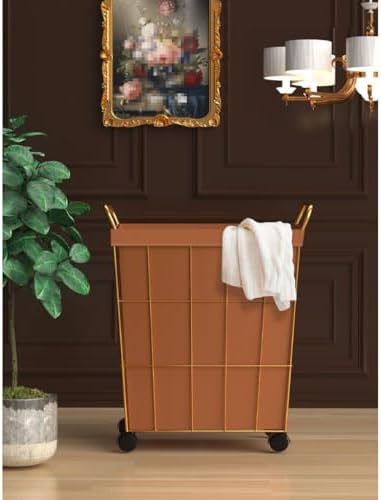 Laundry Basket Iron Wire Laundry Hamper on Wheels Rolling Laundry Basket w/Leather Liner Bag & Handle Gold Metal Frame Laundry Sorter for Bedroom Balcony (White 38x28x54cm) (Blue 38x28x54cm)