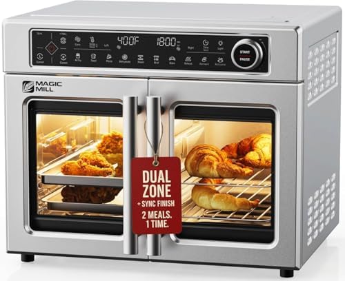 Magic Mill Ultra-Premium Dual-Zone Stainless Steel Air Fryer Toaster Oven Combo, Extra Large 32QT French Door Convection Oven with Next-Gen Patent Technology, 13 Accessories, Rotisserie, Sync Finish