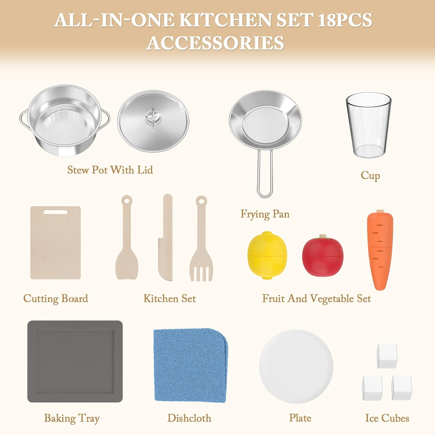 Freniland Wooden Play Kitchen, Kitchen Playset for Kids with Realistic Stove, Range Hood, Oven, Ice Maker, Microwave, Sink, with Light & Sound, 18 Accessories, Pretend Toy Kitchen, Gift for Ages 3+