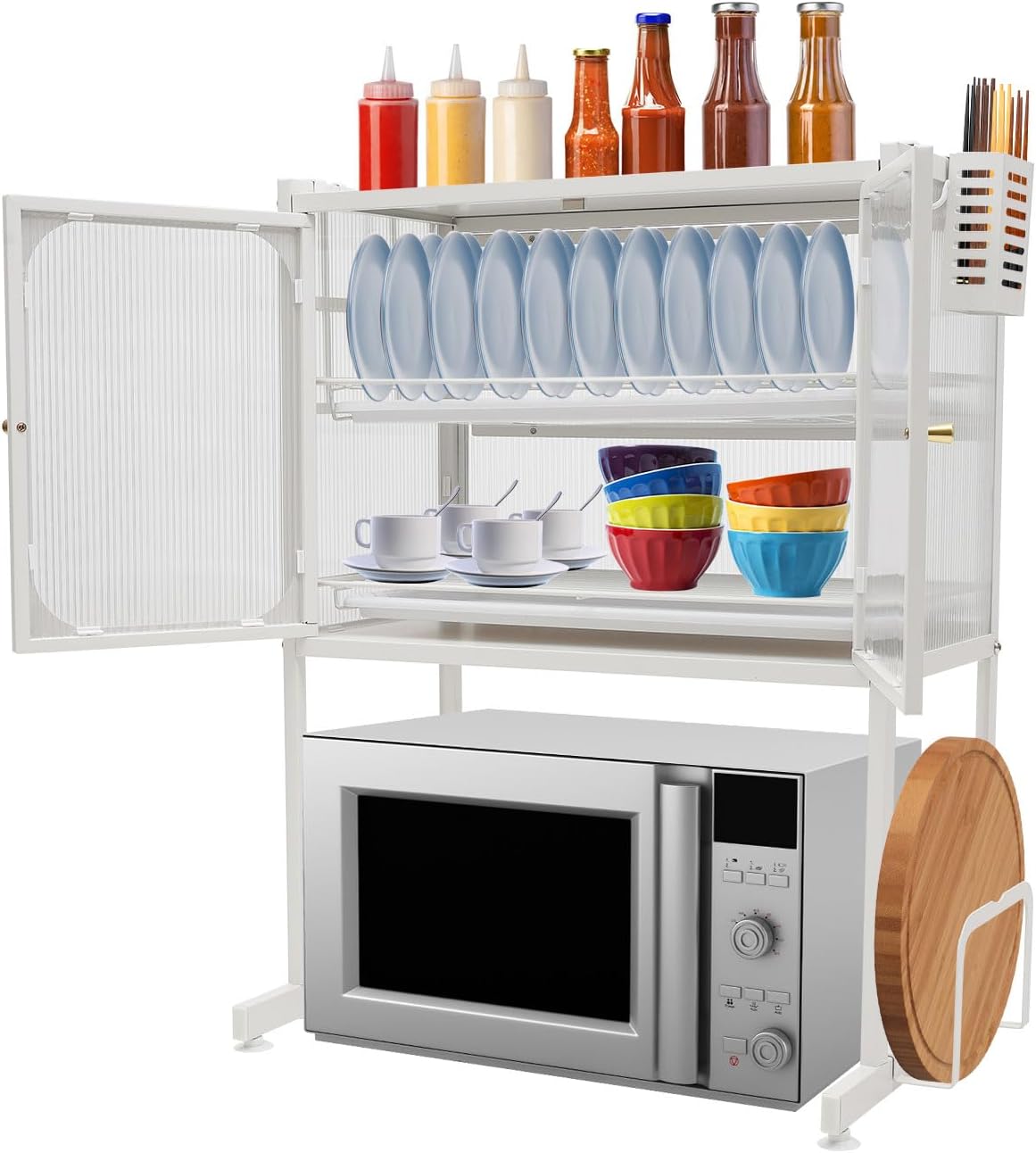 Tabletop Kitchen Storage Rack, 3-Tier Vertical Microwave Oven Rack with Cabinet, 22.4x14.5x29.9in Space-Saving Kitchen Counter Shelf, Extractable Draining Trays, Visualized Doors, Wide Baffle (White)