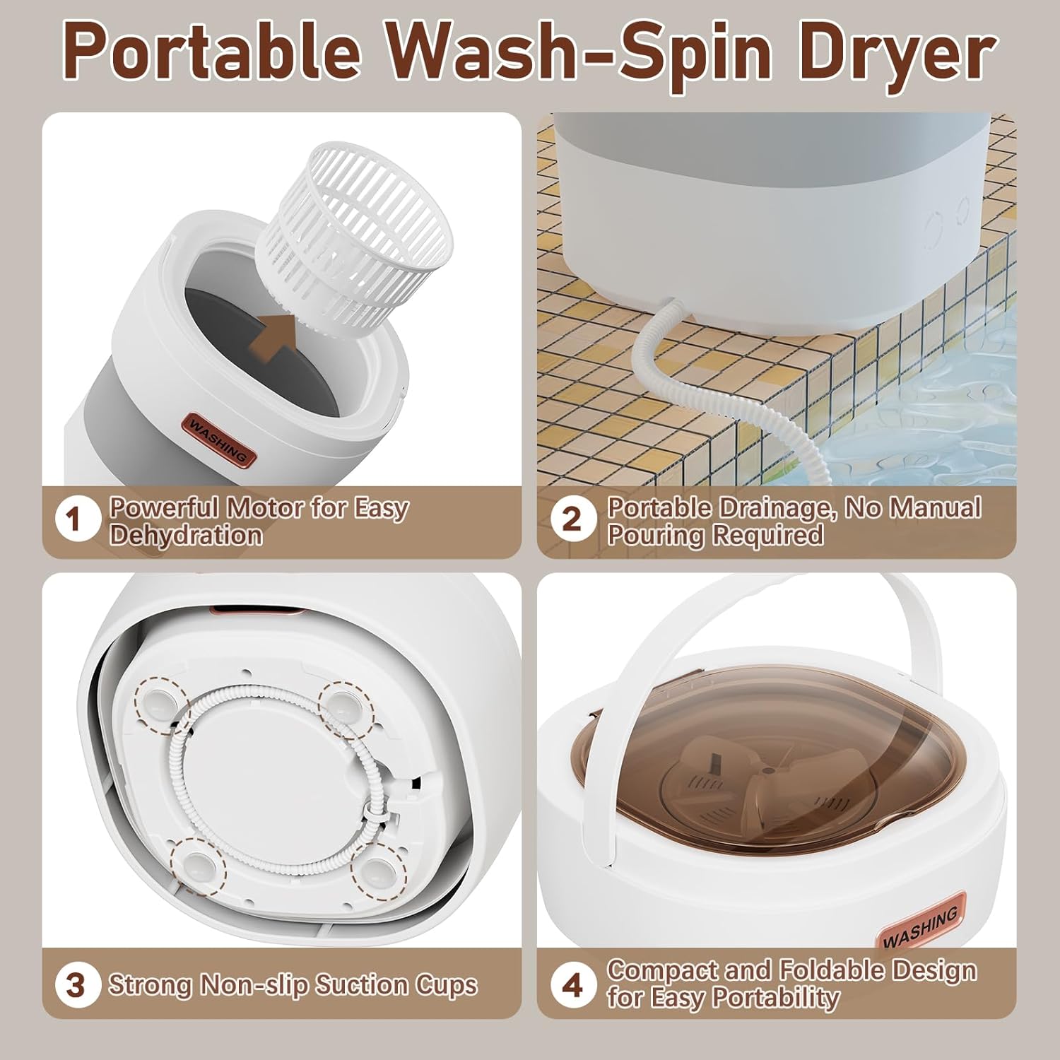 Portable Washing Machine - The Upgraded 12L Foldable Mini Washer with Powerful Cleaning & Low-Noise Design | Perfect for Household, Baby Clothes, Travel, Apartments/Dorms/RVs （Grey-White)