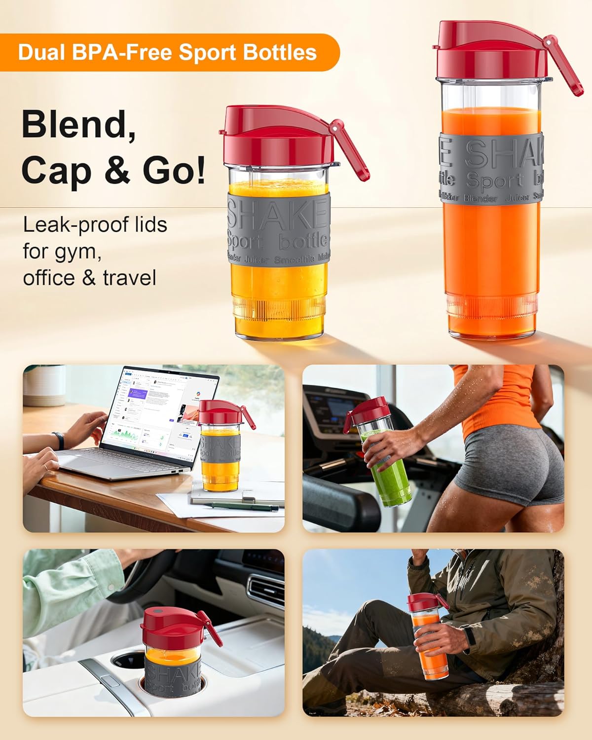 Smoothie Blender, 650W Personal Blenders for Shakes and Smoothies with Grinder Cup & 2 BPA-Free Portable Cups (20oz+14oz), Portable Blender for Juices, Smoothies Maker for Kitchen, Red