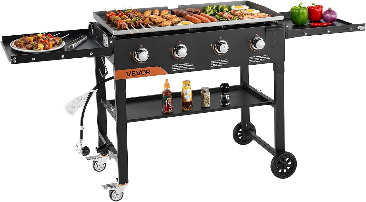 VEVOR Gas Griddle, 4-Burner Flat Top Grill, 36 inch Grill Plate Foldable Propane Griddle with Wheels, 60000 BTU Outdoor Flat Top Grills for Pan-Frying, Grilling, Stir-Frying, & BBQ, Pulse Ignition