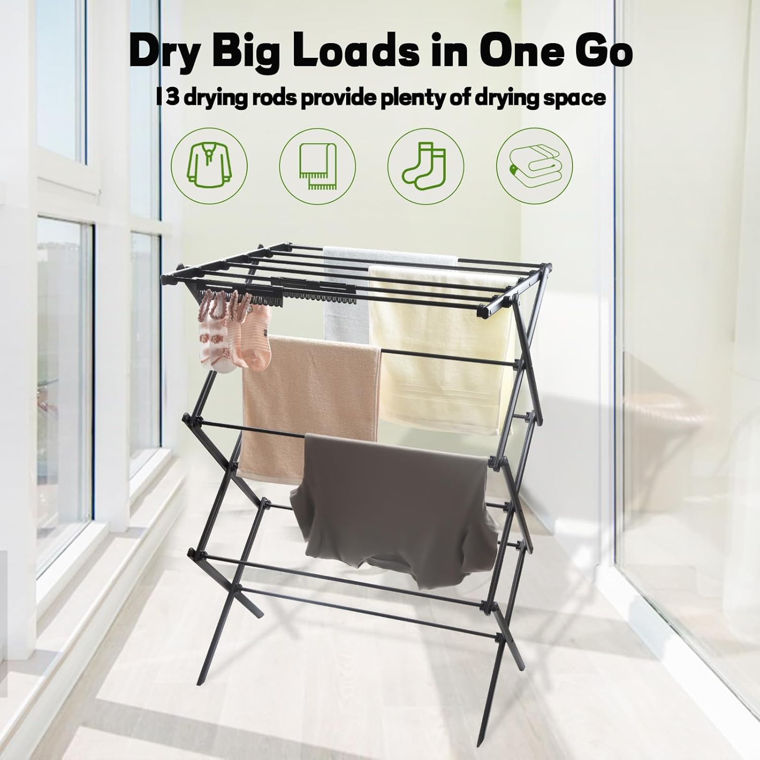 3 Tiers Foldable Clothes Drying Rack, Vertical Laundry Rack Portable and Collapsible for Storage Indoor Outdoor，Pure Black