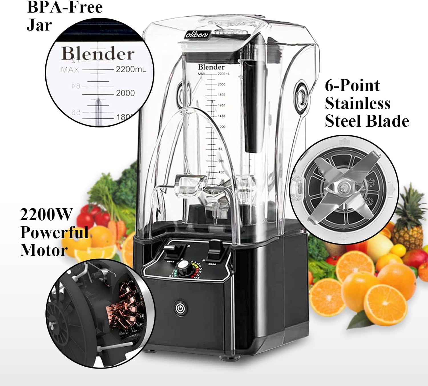 Commercial Blender for Smoothies 2200W With Soundproof Cover, 2200 ML, 15 Speeds, 6-leaves Stainless Steel Blade,Heavy Duty Blender for Restaurant, Smoothie,Ice Crush,Shakes, 9.5
