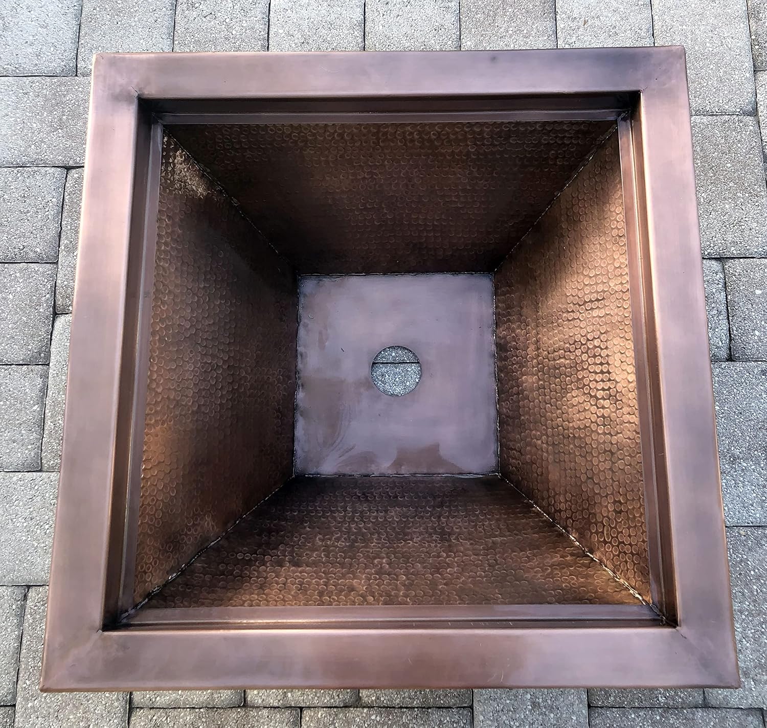 30 Inch Hammered Copper Bowl Square Propane or Natural Gas Fire Pit with 18 inch Diameter Burner Ring 147,000 BTU