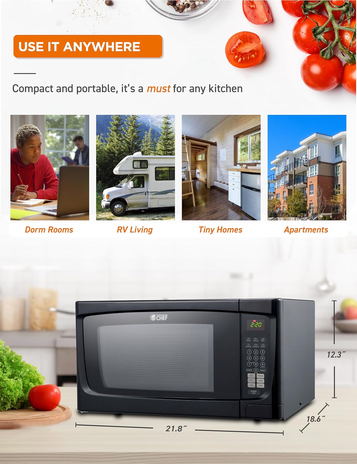 COMMERCIAL CHEF 1.6 Cubic Foot Microwave with 10 Power Levels, Small Microwave with Push Button, 1000 Watt Microwave with Digital Control Panels, Countertop Microwave with Timer, Black