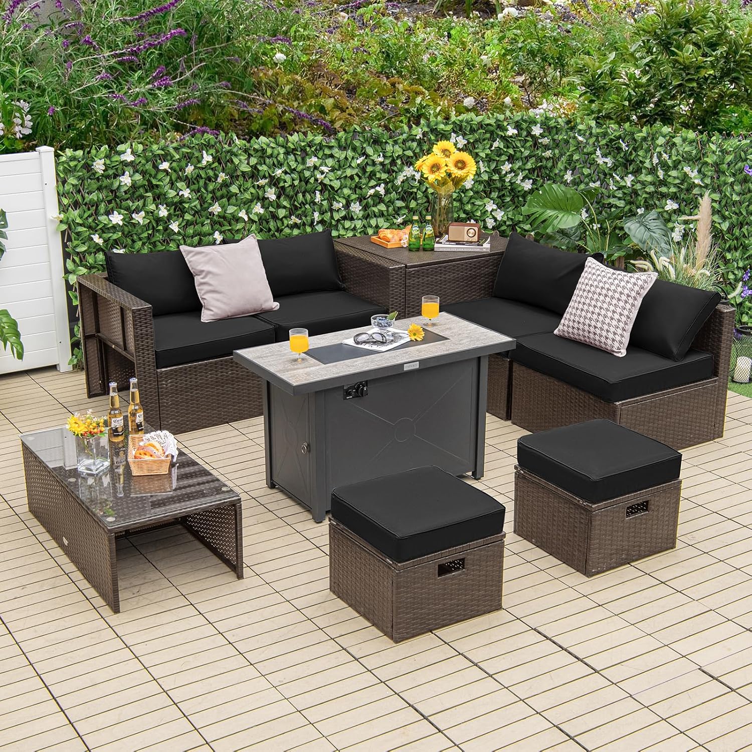 Tangkula 9 Pieces Patio 42” Propane Fire Pit Table Set, Outdoor PE Wicker Space-Saving Set with Storage Box and Cushions, 60,000 BTU Fire Pit Table with 2 Protective Covers Included (Black)