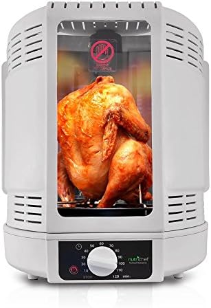 NutriChef Vertical Rotisserie Oven Roaster – Electric Shawarma & Kebab Machine with Skewers, Basket Tower, Poultry Rack, Drip Tray – For Chicken, Turkey, Lamb, Beef – (White)