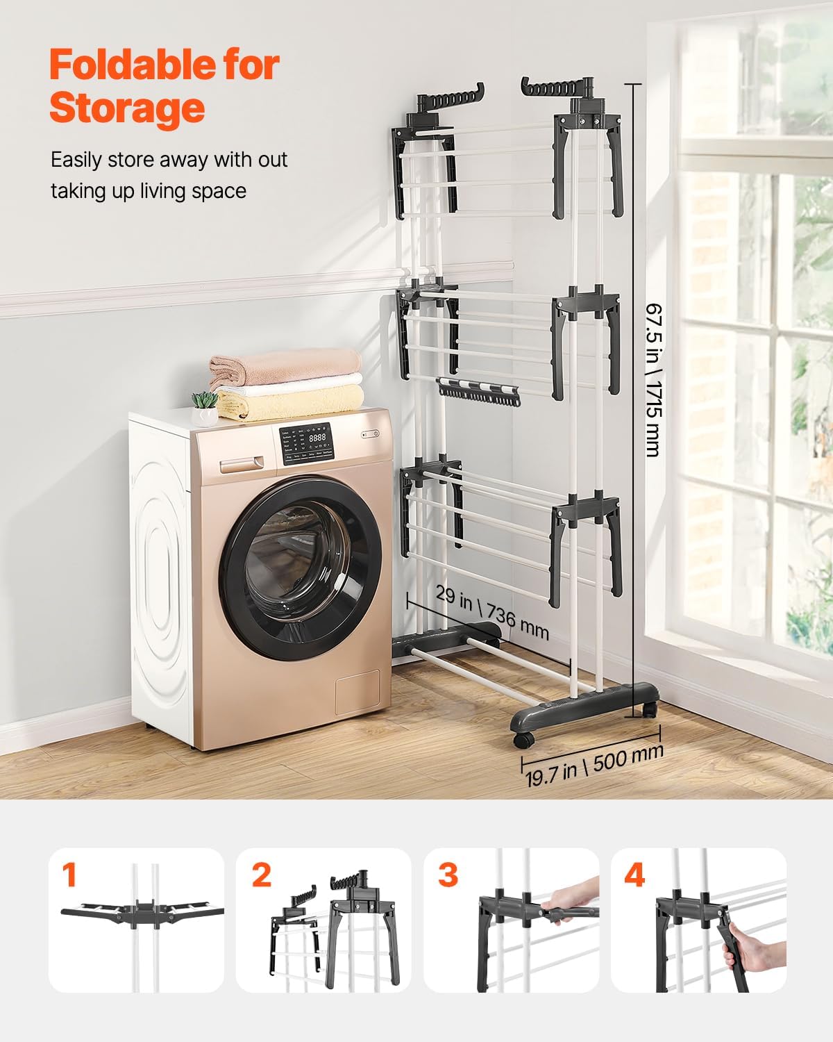 VEVOR Clothes Drying Rack, 4-Tier Foldable Laundry Dryer Rack, Metal Drying Racks with 24 Drying Rods, Free-Standing and Portable Hanger with 4 Castors and Two Side Wings for Outdoor & Indoor Use