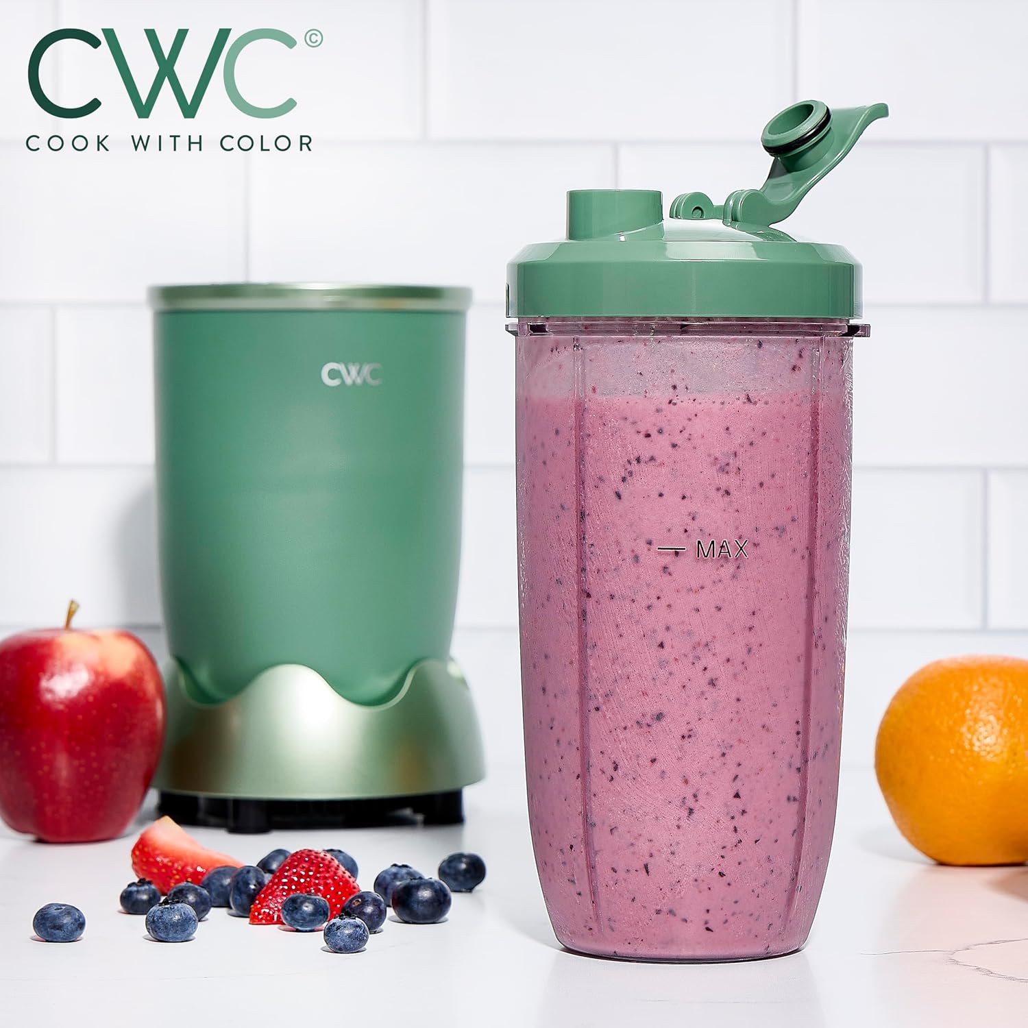 COOK WITH COLOR Personal Power Blender 600W, 24oz Capacity, BPA-Free Jar, Ice-Crushing Blades, Ideal for Smoothies & More, Anti-Slip Feet, Easy to Clean, Dark Sage