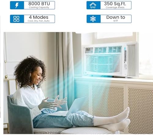 Window Air Conditioner, 8,000 BTU, Cools 350 Sq.ft, 3 Cooling & Fan Speeds, Window AC with Remote/App Control, Energy Saving, 110-115V