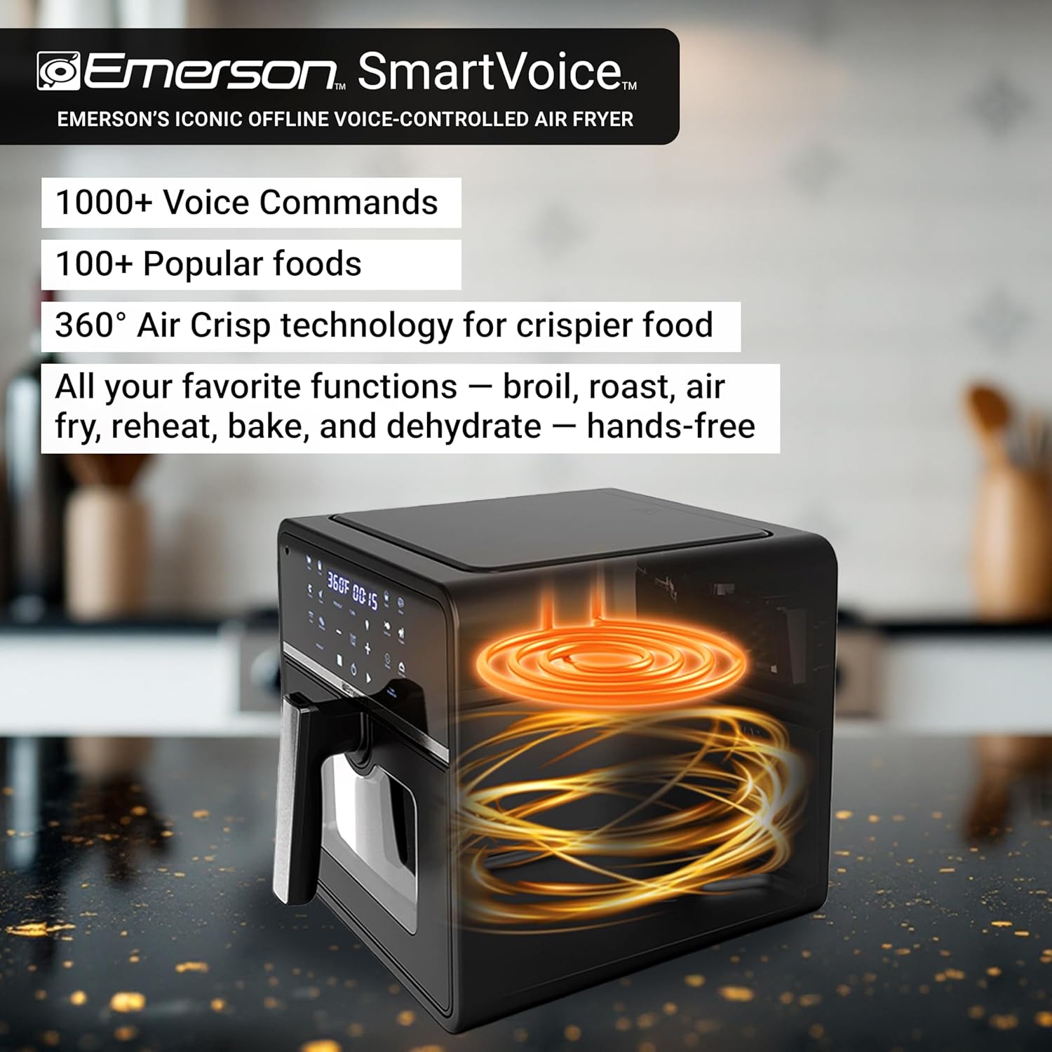 Emerson SmartVoice 10QT 6-in-1 Air Fryer, 1000+ Voice Control Commands, 100+ Recognized Food, No APP, No WIFI, No Setup, Nonstick Basket, Air Fry, Bake, Reheat, Dehydrate, 1700W