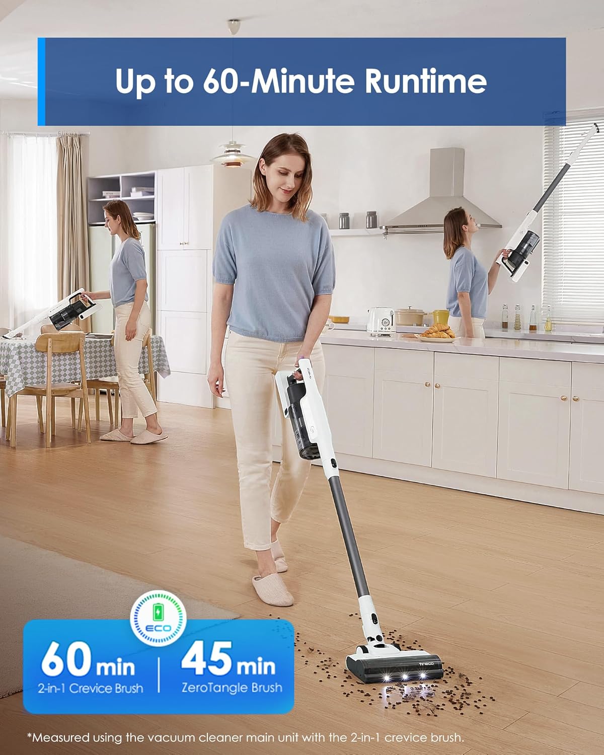Tineco A30S Cordless Stick Vacuum Cleaner, 160W Suction, 60Min Runtime, 1L Larger Dustbin, ZeroTangle Brush, PureCyclone Tech, LED Headlight, White