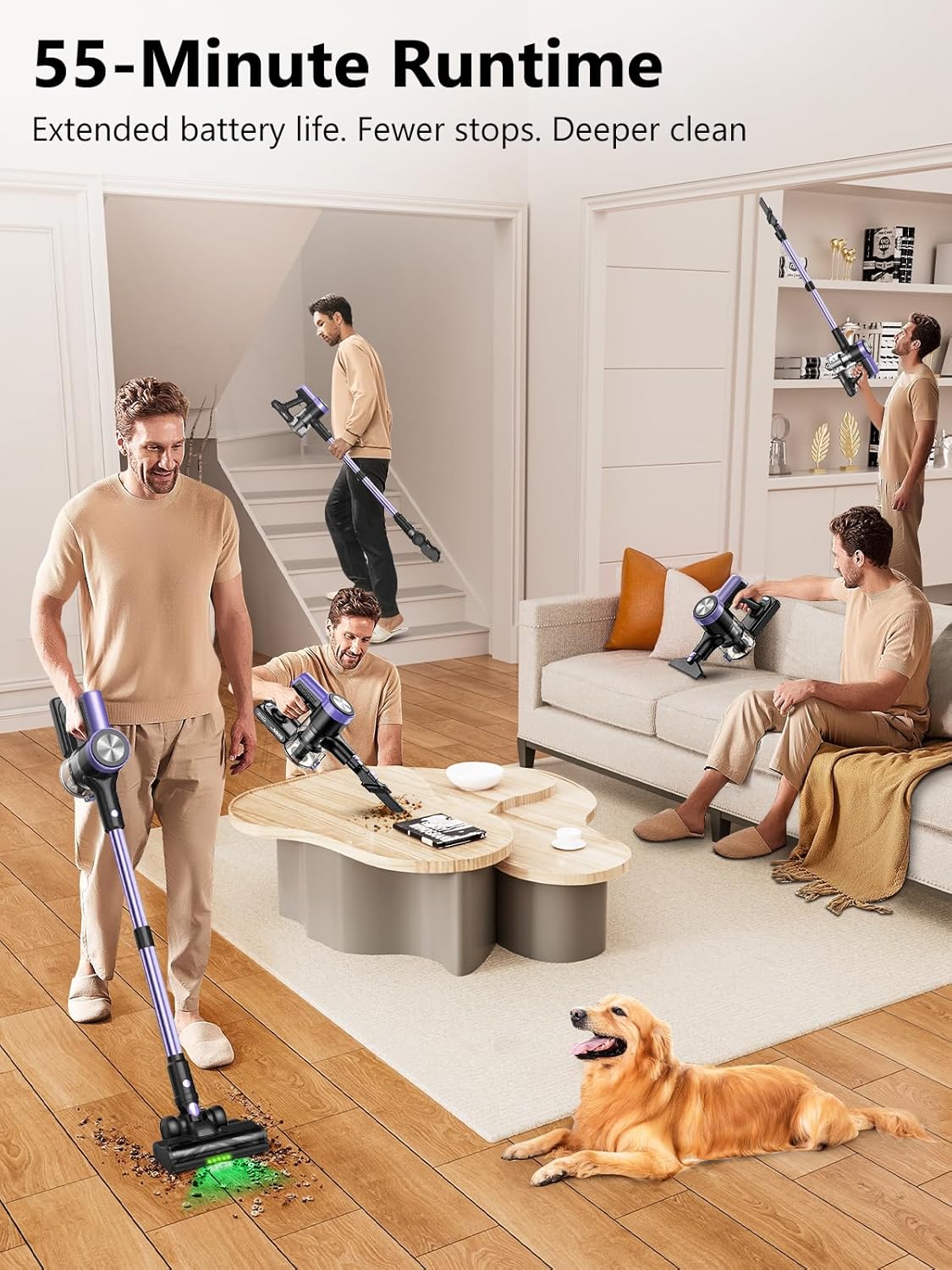 Cordless Vacuum Cleaner, 46KPa/500W Stick Vacuum with 55 Mins Runtime, Self-Standing Vacuum Cleaner for Home, LED Display, Anti-Tangle Brush, Rechargeable Vacuum for Pet Hair