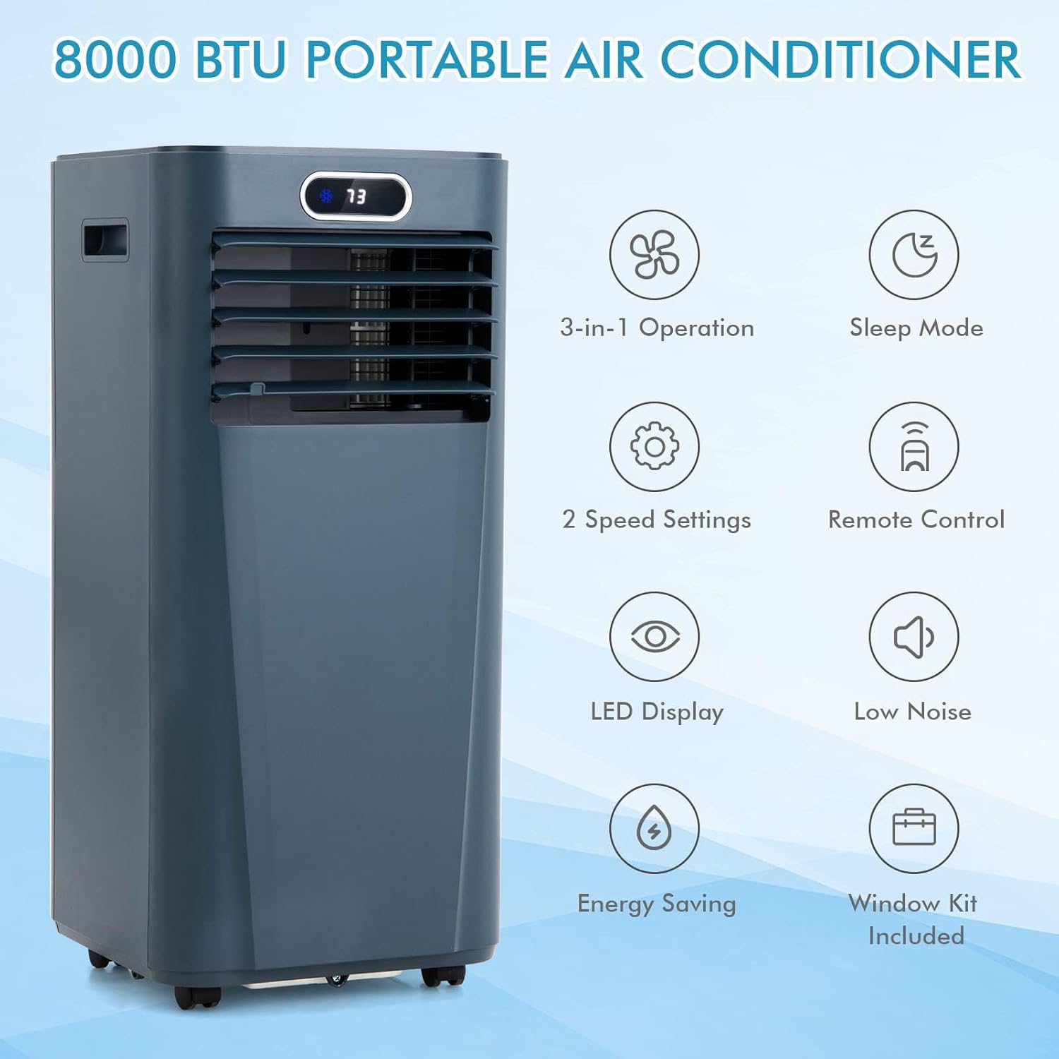 DORTALA Portable Air Conditioner 8000 BTU, 3-in-1 AC Unit with Remote Control, Dehumidifier, 24H Timer, Window Kit, Standing AC Cooling Unit for Home Office, Dark Blue