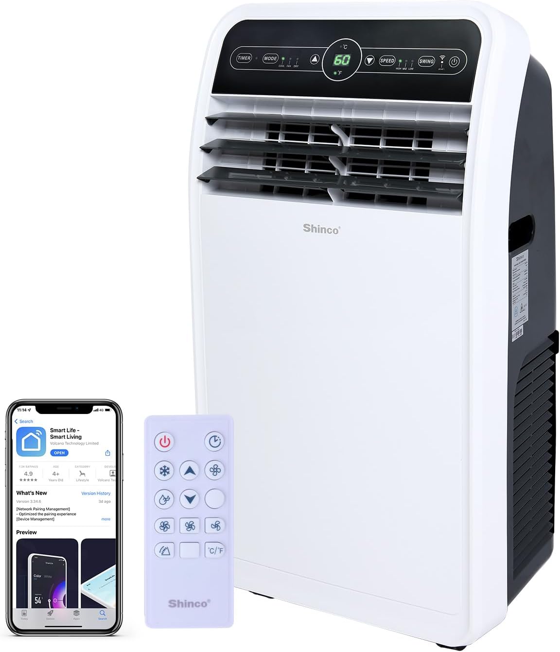 Shinco 12,000 BTU Portable Air Conditioner with WiFi, Portable AC Unit with Built-in Cool, 3-in-1 Cooling Fan & Dehumidifier for Rooms up to 400 Sq.Ft, Remote, 24H Timer, Installation Kits