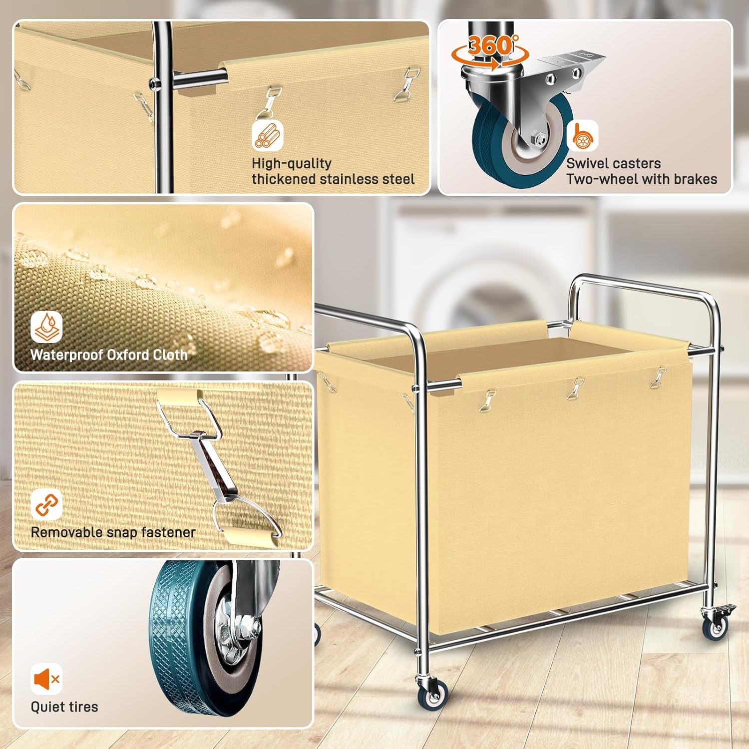 Commercial Laundry Cart with Wheels, 400L Heavy Duty Laundry Cart on Wheels for Home & Hotel, Waterproof Oxford, Sturdy Steel Frame, Easy to Install(Beige)