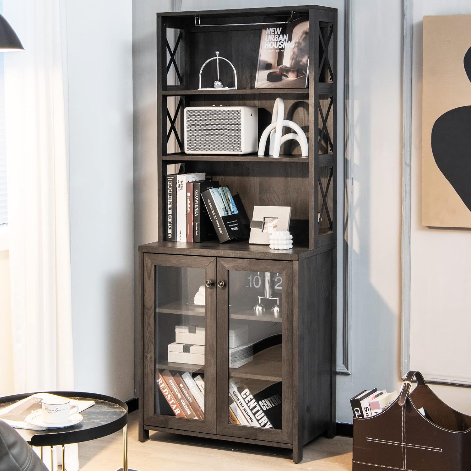 LOKO Kitchen Pantry Storage Cabinet, Farmhouse Buffet Hutch with Stemware Rack, Microwave Countertop & Tempered Glass Doors, 67.5